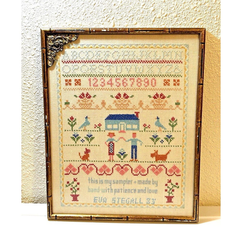 Vintage Handmade ‘83 Framed Cross Stitch Needlepoint Sampler 20”X14” Eva Stegall